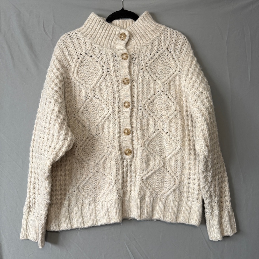 American Eagle Womens Cable Knit Oversized Pullover Sweater S Cream Cabincore